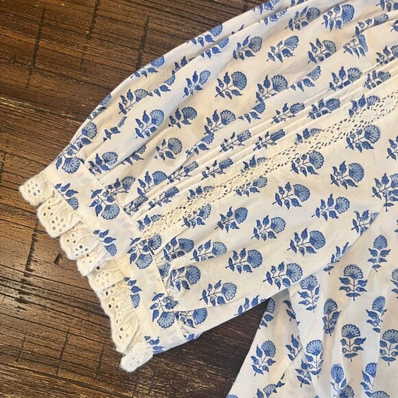 TUCKRENUCK PINK CITY PRINTS SKY BUTA VERA BUTTON FRONT EYELET BLOUSE SIZE SMALL - Picture 11 of 12